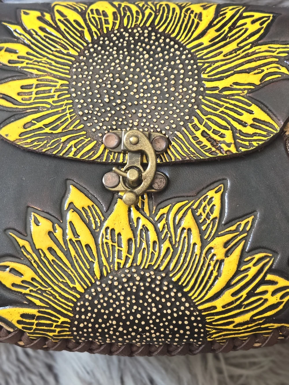Hand Crafted Brown Leather Crossbody Bag with Yellow Sunflower Design - Picture 3 of 4